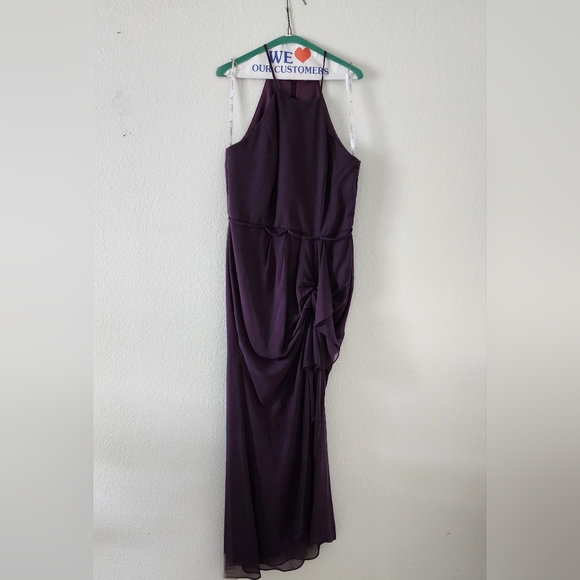 David's Bridal Celebrate DB High Neck Chiffon Bridesmaid Plum Cascade Dress - Picture 1 of 13